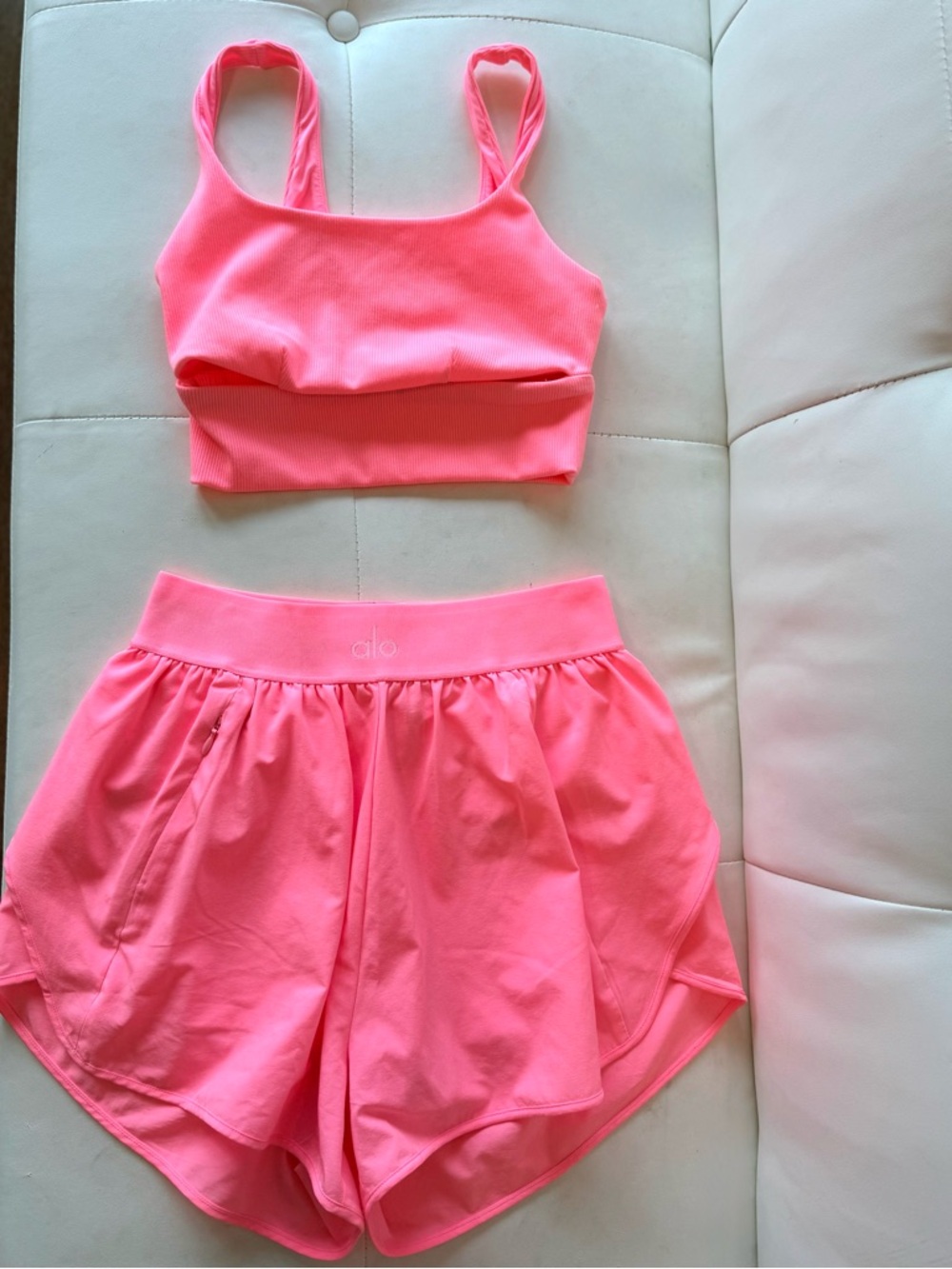 ALO Yoga Neon Bubblegum Slit Bra and Matchpoint Shorts Set